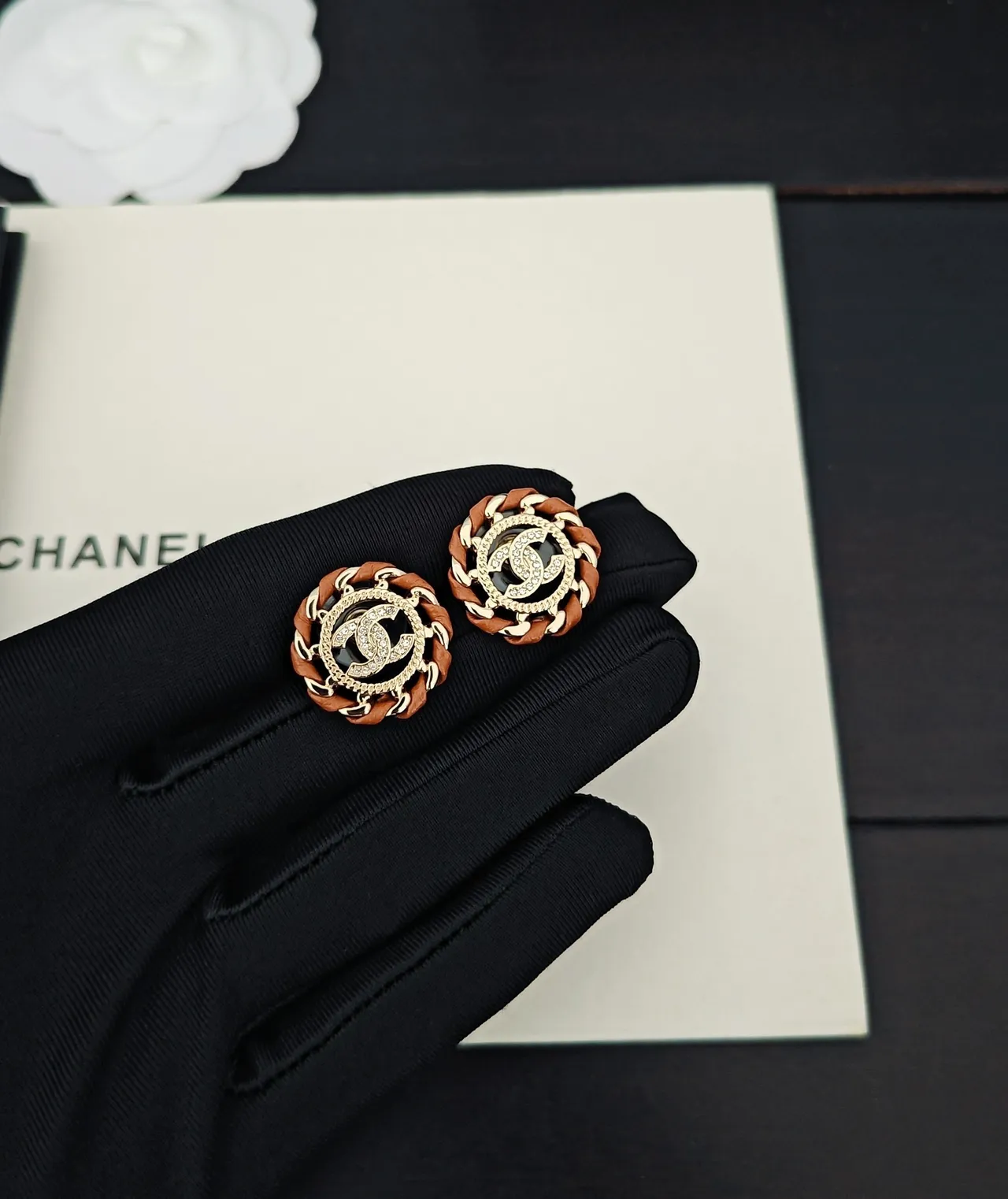 Chanel CC Stud Gold Brown Circular Braided Leather Trim Earrings 2