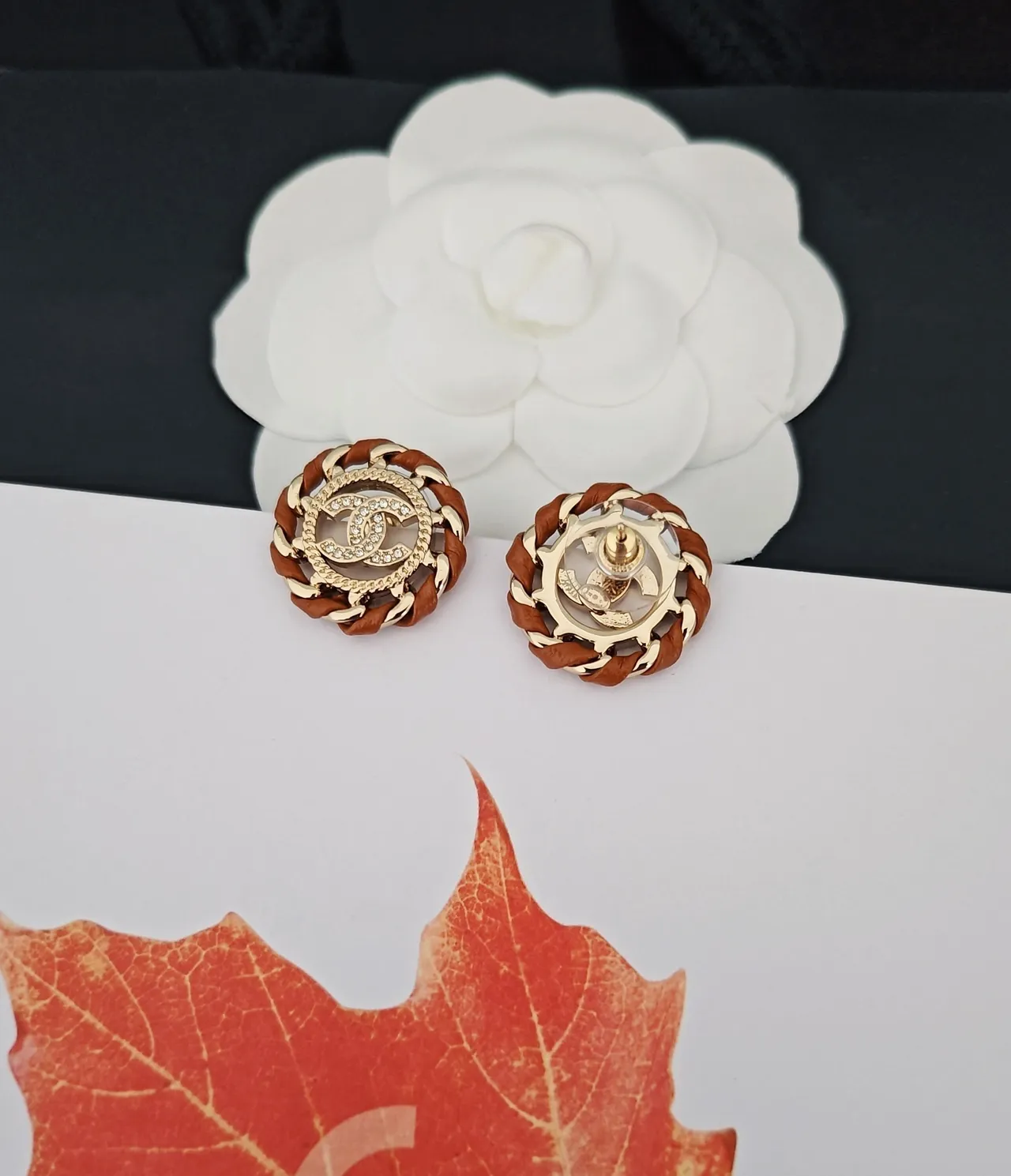 Chanel CC Stud Gold Brown Circular Braided Leather Trim Earrings 3