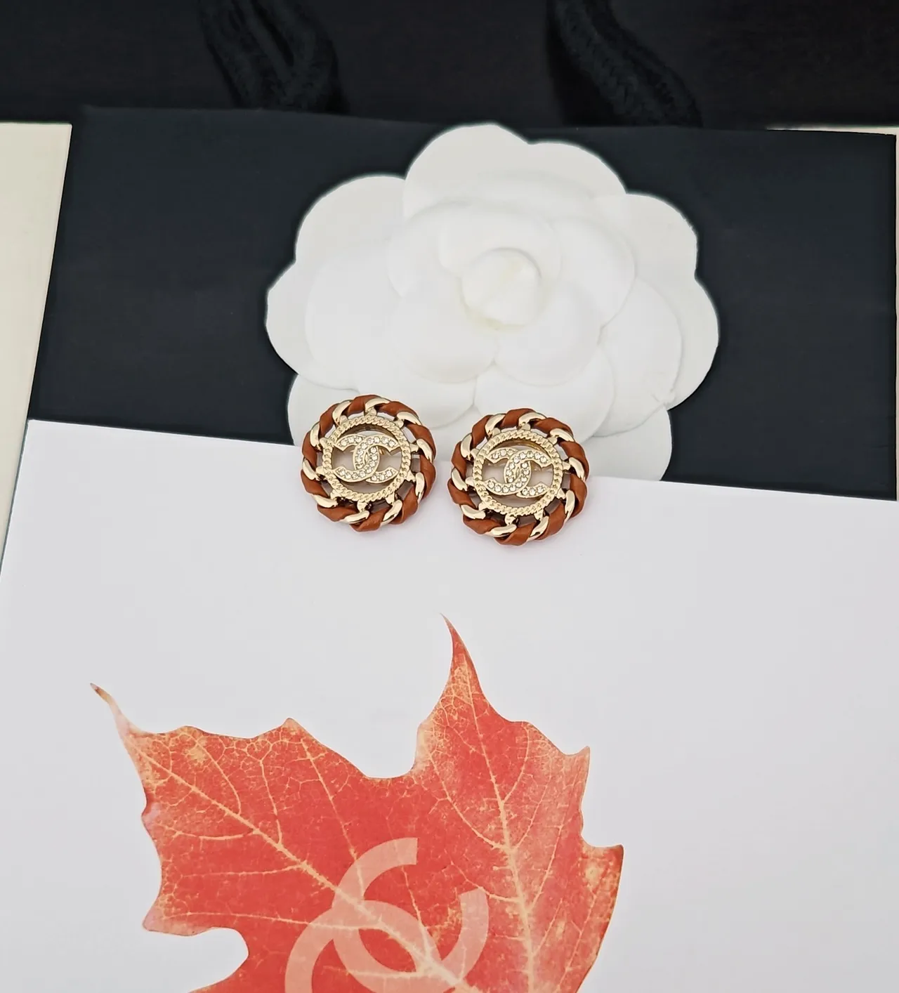 Chanel CC Stud Gold Brown Circular Braided Leather Trim Earrings 4