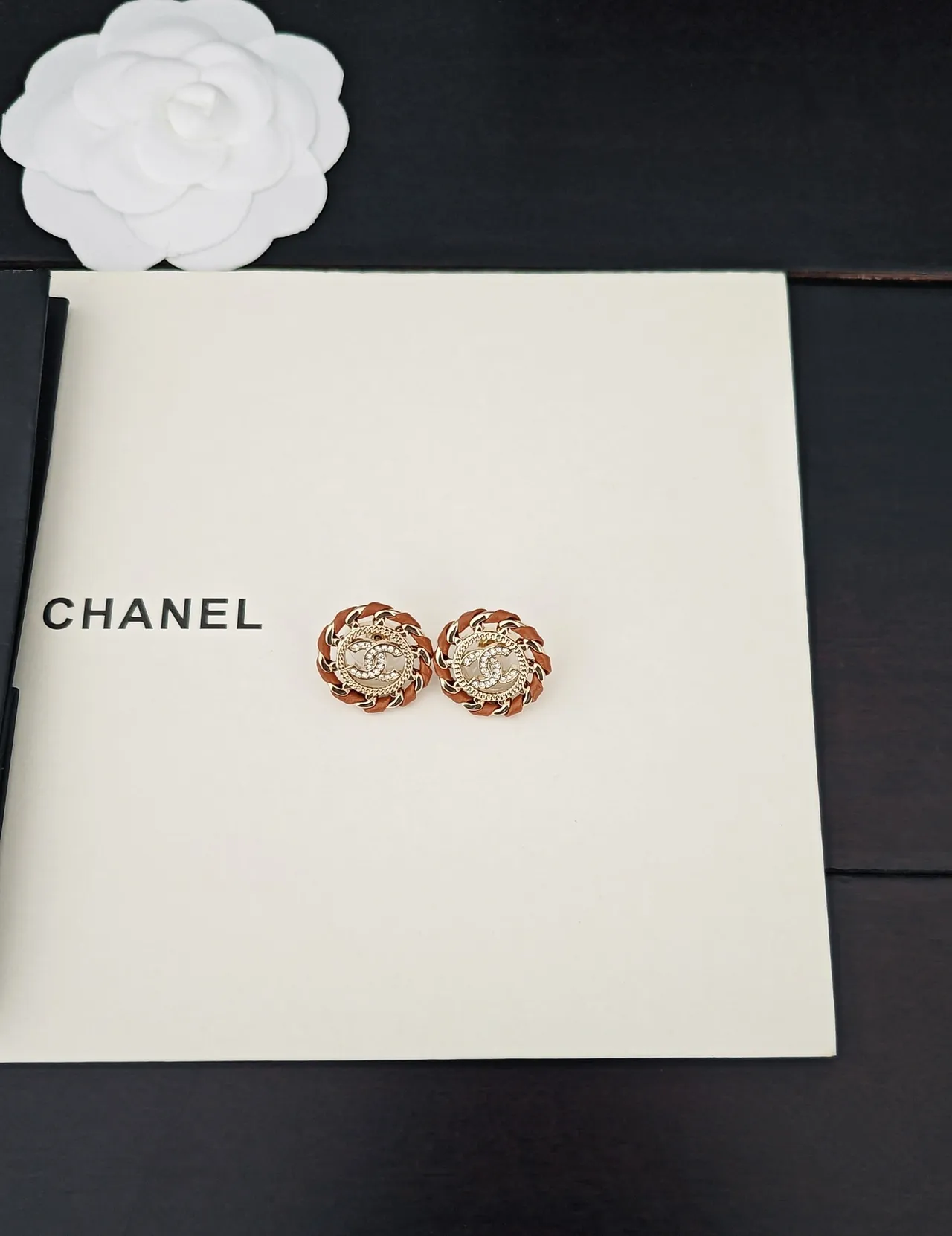 Chanel CC Stud Gold Brown Circular Braided Leather Trim Earrings 5