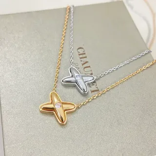 Chanel Cross Gold Silver Pendant Central Round Stone Necklace