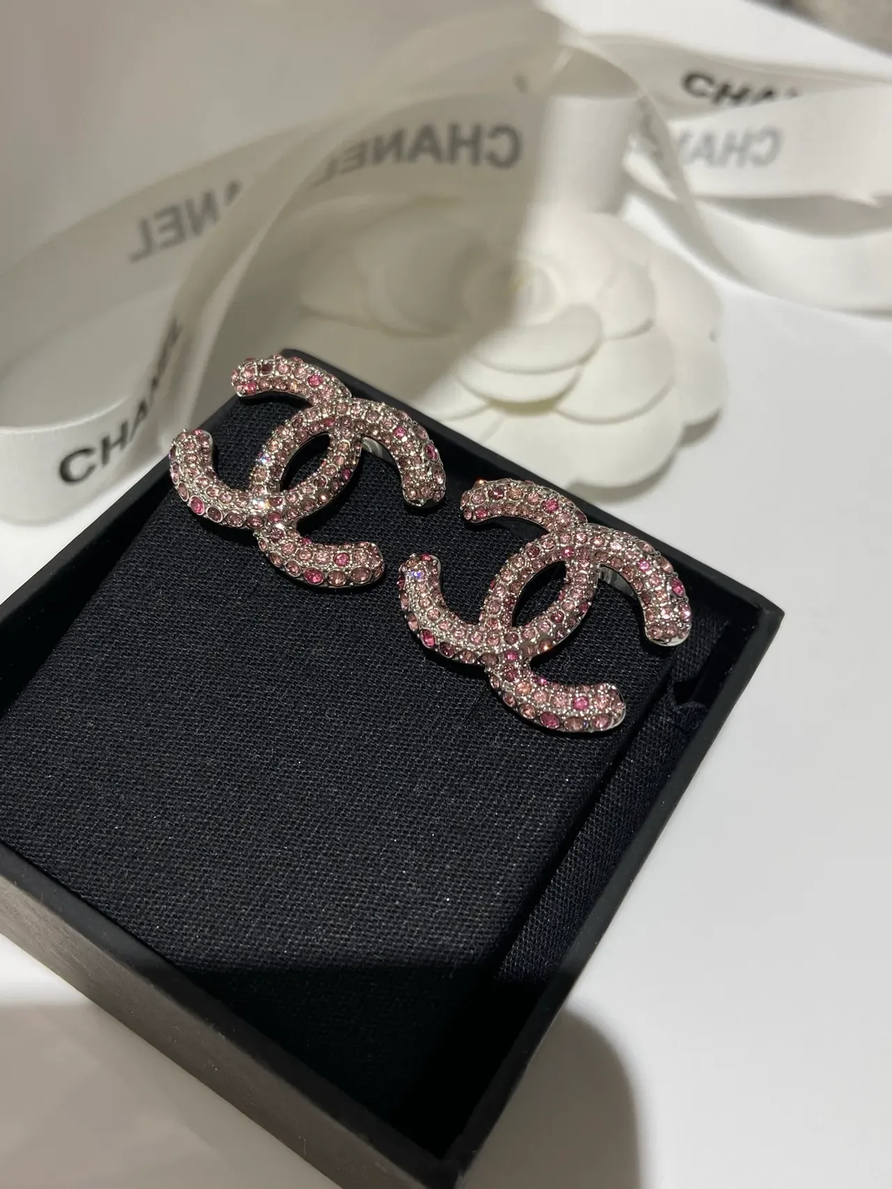 Chanel Double C Pavé Crystal Pink-Red Earrings 3