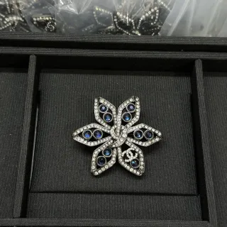Chanel Floral Brooch Silver Blue Motif Crystal-Encrusted Brooch