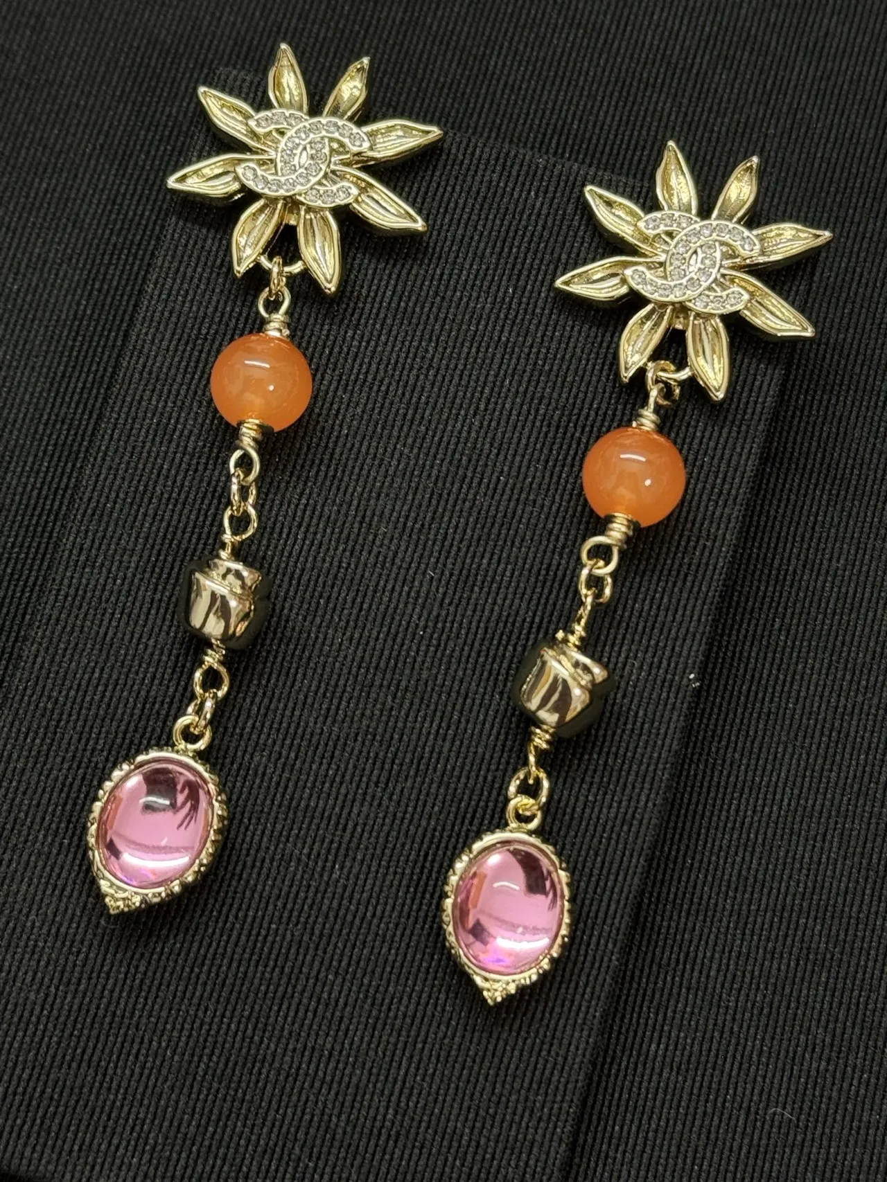 Chanel Floral CC Logo Peach and Pink Stone Dangling Earrings 2