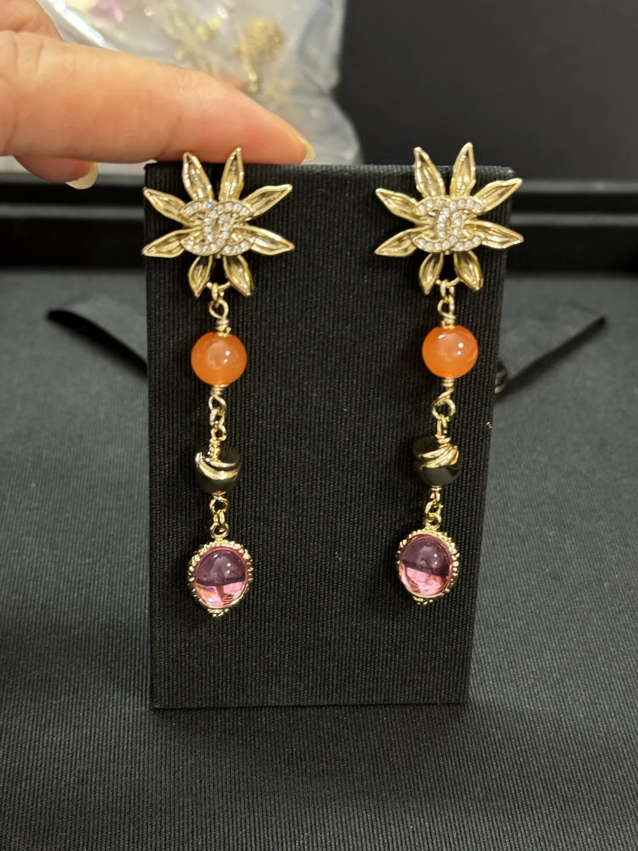 Chanel Floral CC Logo Peach and Pink Stone Dangling Earrings 3