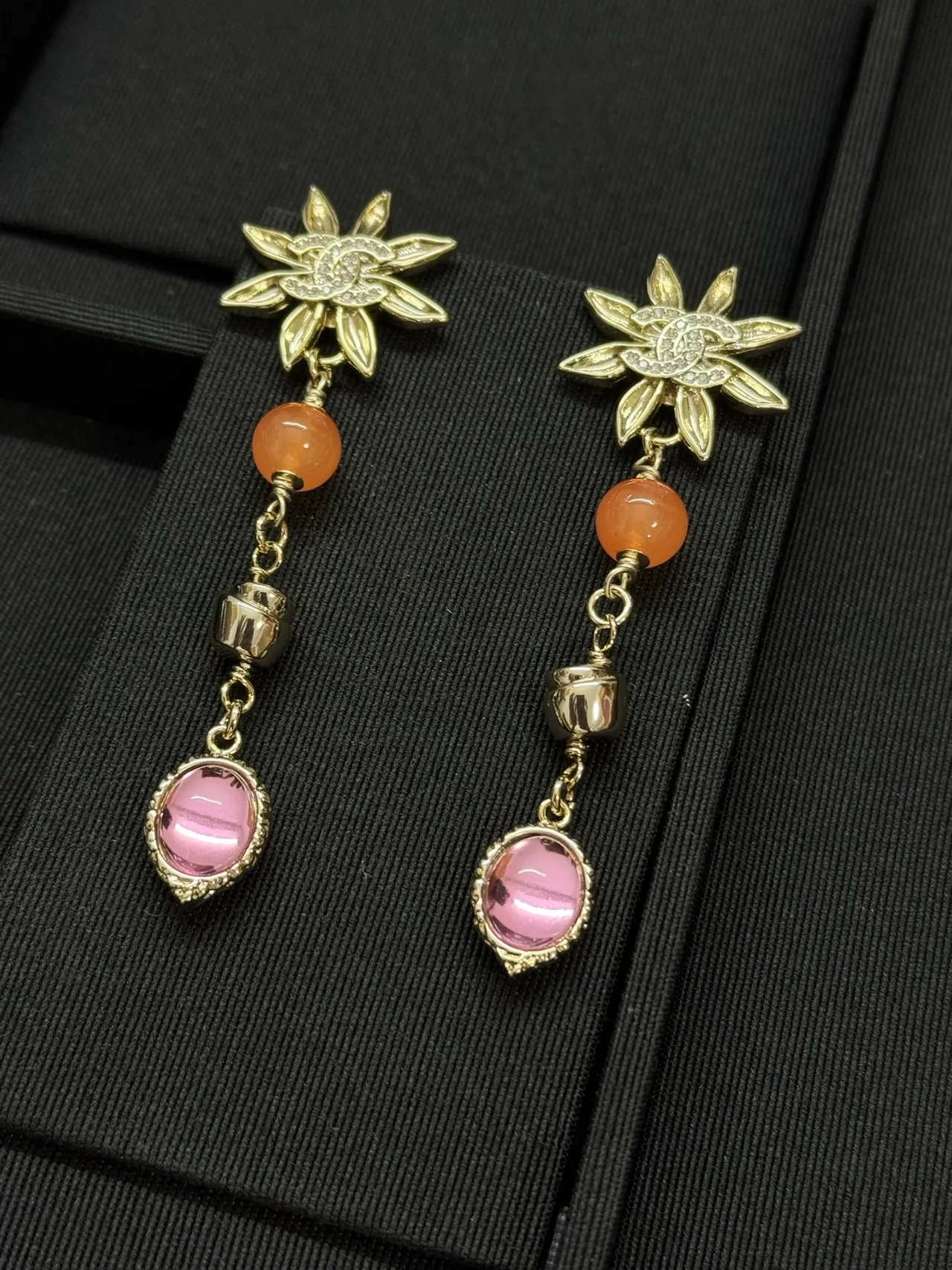 Chanel Floral CC Logo Peach and Pink Stone Dangling Earrings 4