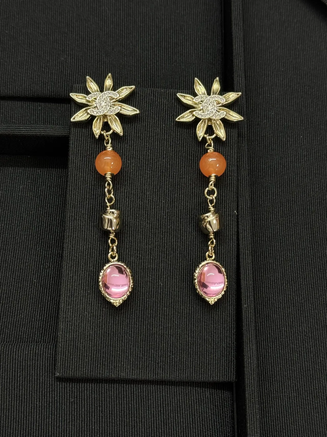 Chanel Floral CC Logo Peach and Pink Stone Dangling Earrings 5