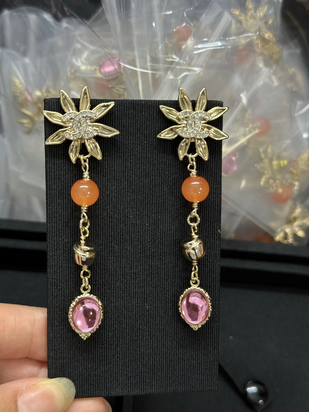 Chanel Floral CC Logo Peach and Pink Stone Dangling Earrings 6