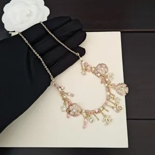 Chanel Gold Pink Chain Camellia Floral Charms Necklace