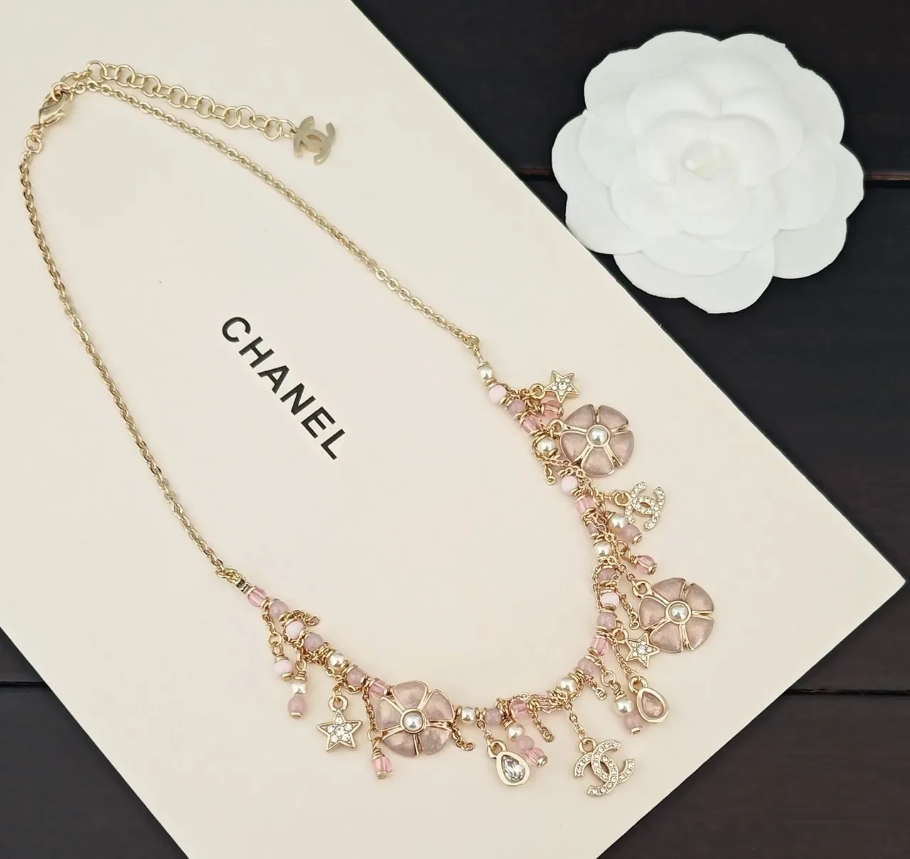Colar Chanel Corrente Dourada Rosa Camellia Floral Charms 3