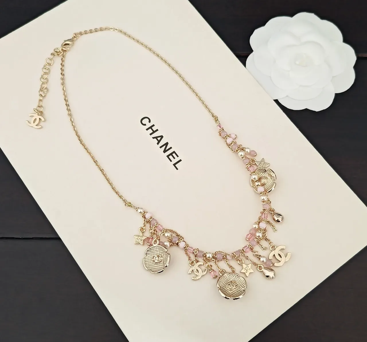 Colar Chanel Corrente Dourada Rosa Camellia Floral Charms 4