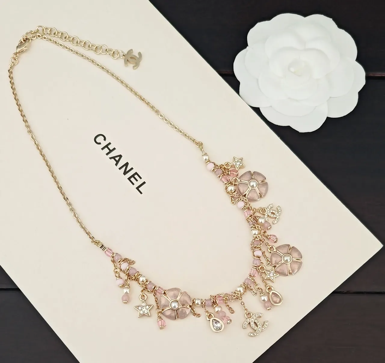 Colar Chanel Corrente Dourada Rosa Camellia Floral Charms 5