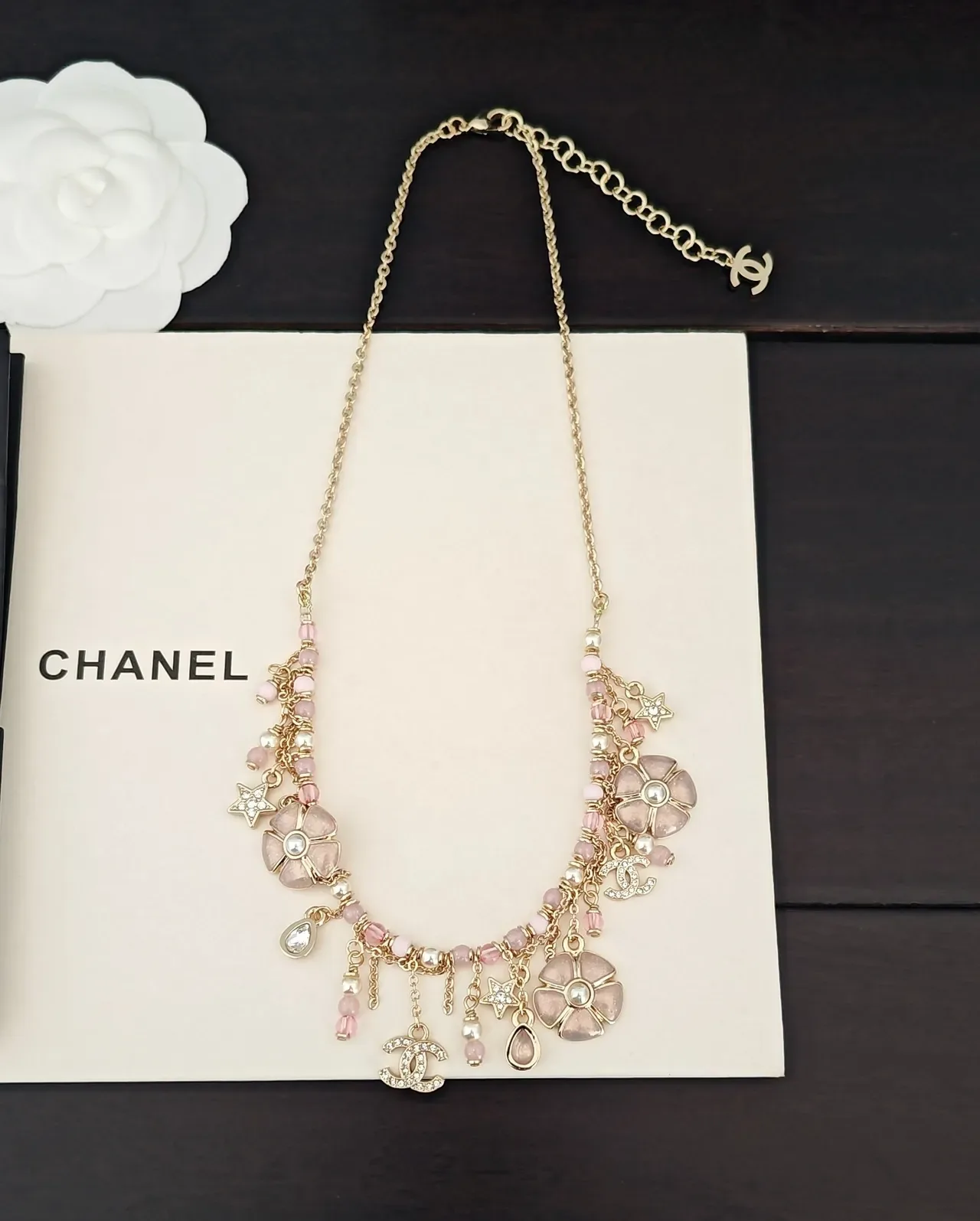 Colar Chanel Corrente Dourada Rosa Camellia Floral Charms 6