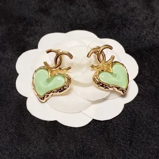 Chanel Green Gold Heart-Shaped Enamel-Filled Earrings