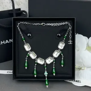 Chanel Green Silver Bib-Style Rectangular Clear Stones Necklace
