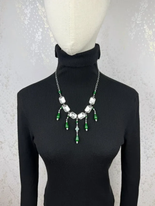 Chanel Green Silver Bib-Style Rectangular Clear Stones Necklace 2