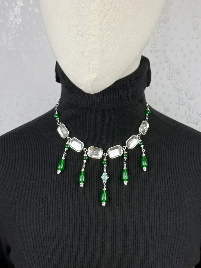 Chanel Green Silver Bib-Style Rectangular Clear Stones Necklace 3