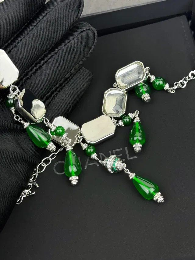 Chanel Green Silver Bib-Style Rectangular Clear Stones Necklace 4