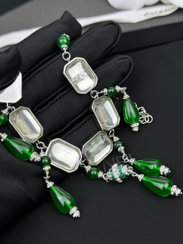 Chanel Green Silver Bib-Style Rectangular Clear Stones Necklace 5