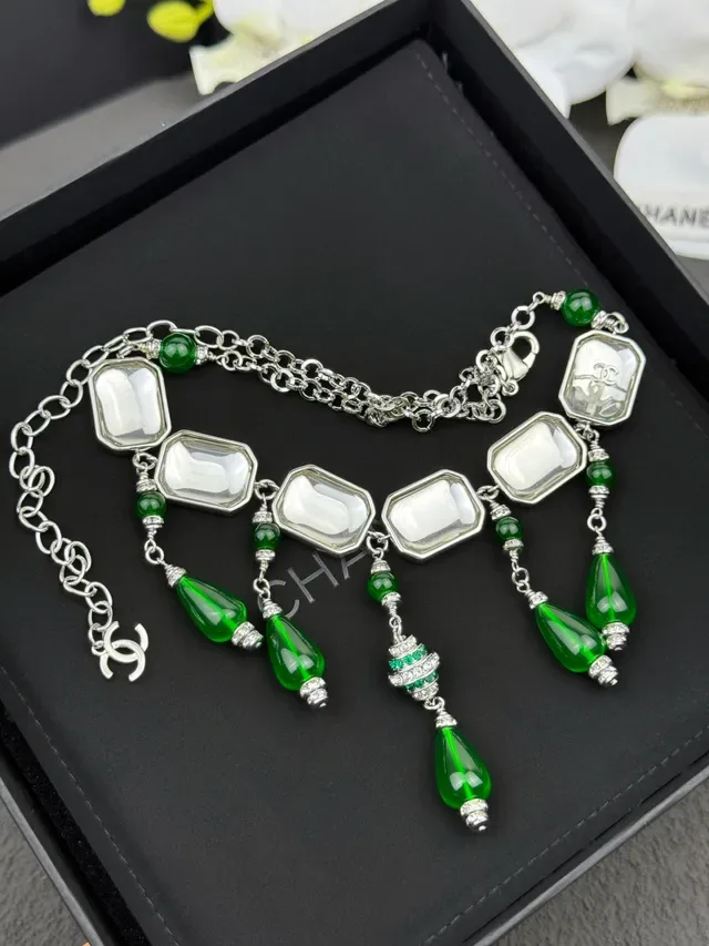 Chanel Green Silver Bib-Style Rectangular Clear Stones Necklace 6