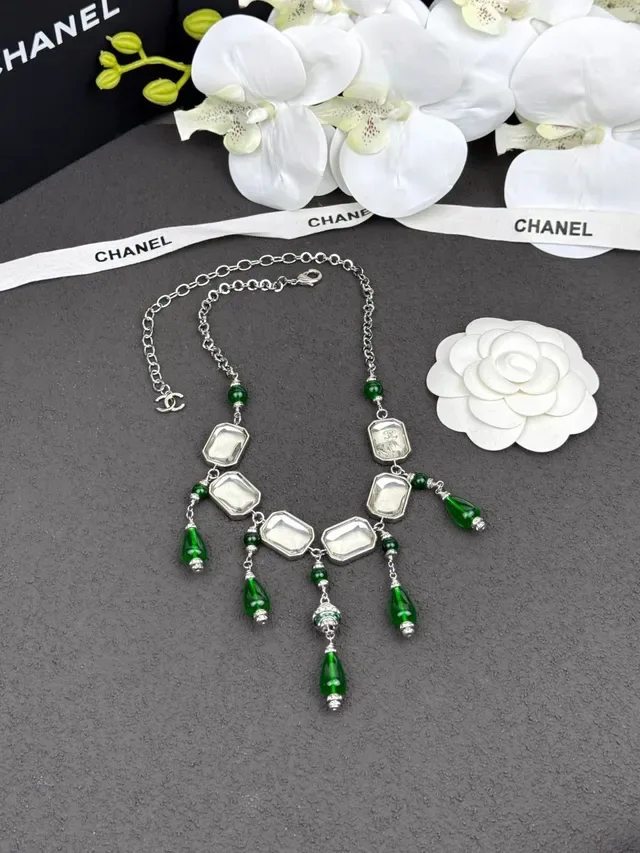 Chanel Green Silver Bib-Style Rectangular Clear Stones Necklace 7