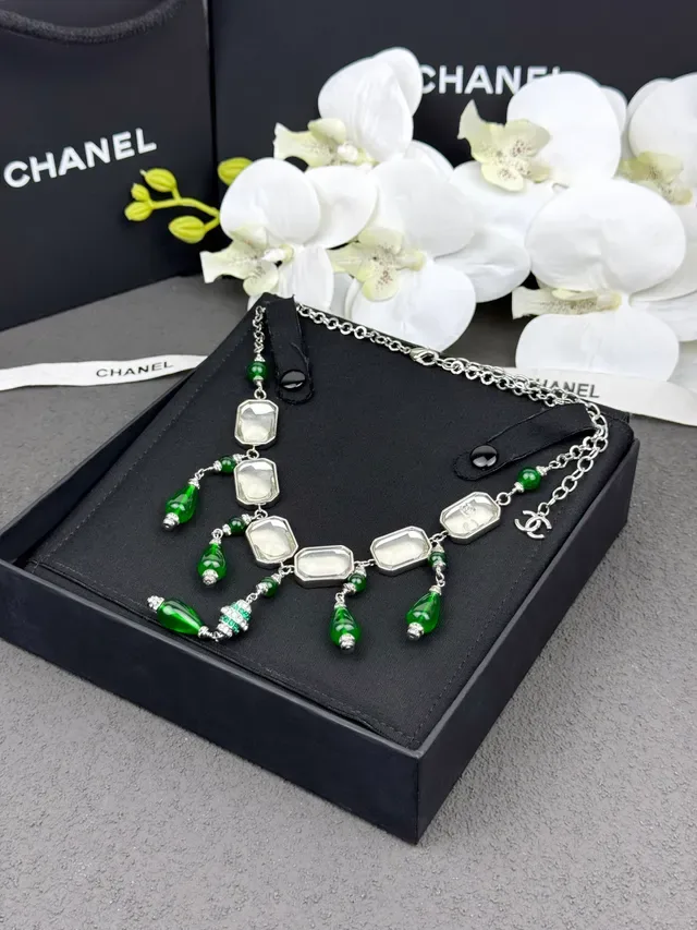 Chanel Green Silver Bib-Style Rectangular Clear Stones Necklace 8