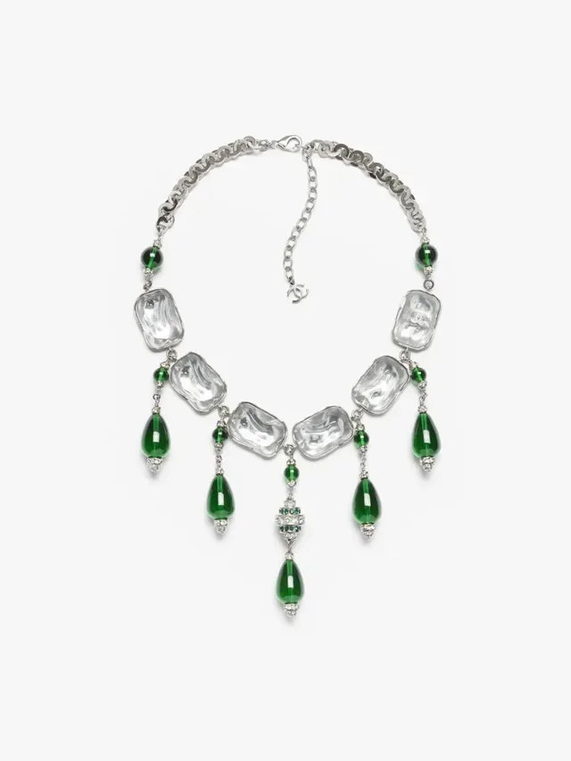 Chanel Green Silver Bib-Style Rectangular Clear Stones Necklace 9