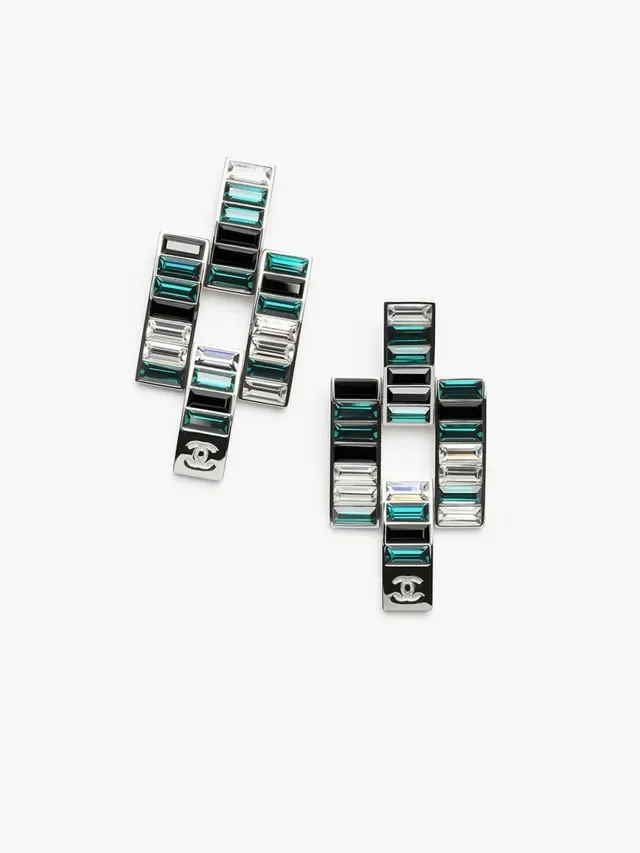 Chanel Brincos Barras Geométricas Prata Verde Pedras Baguette-Cut 9