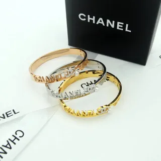 Chanel Logo Bangle Gold Silver Rigid Engraved Bracelet
