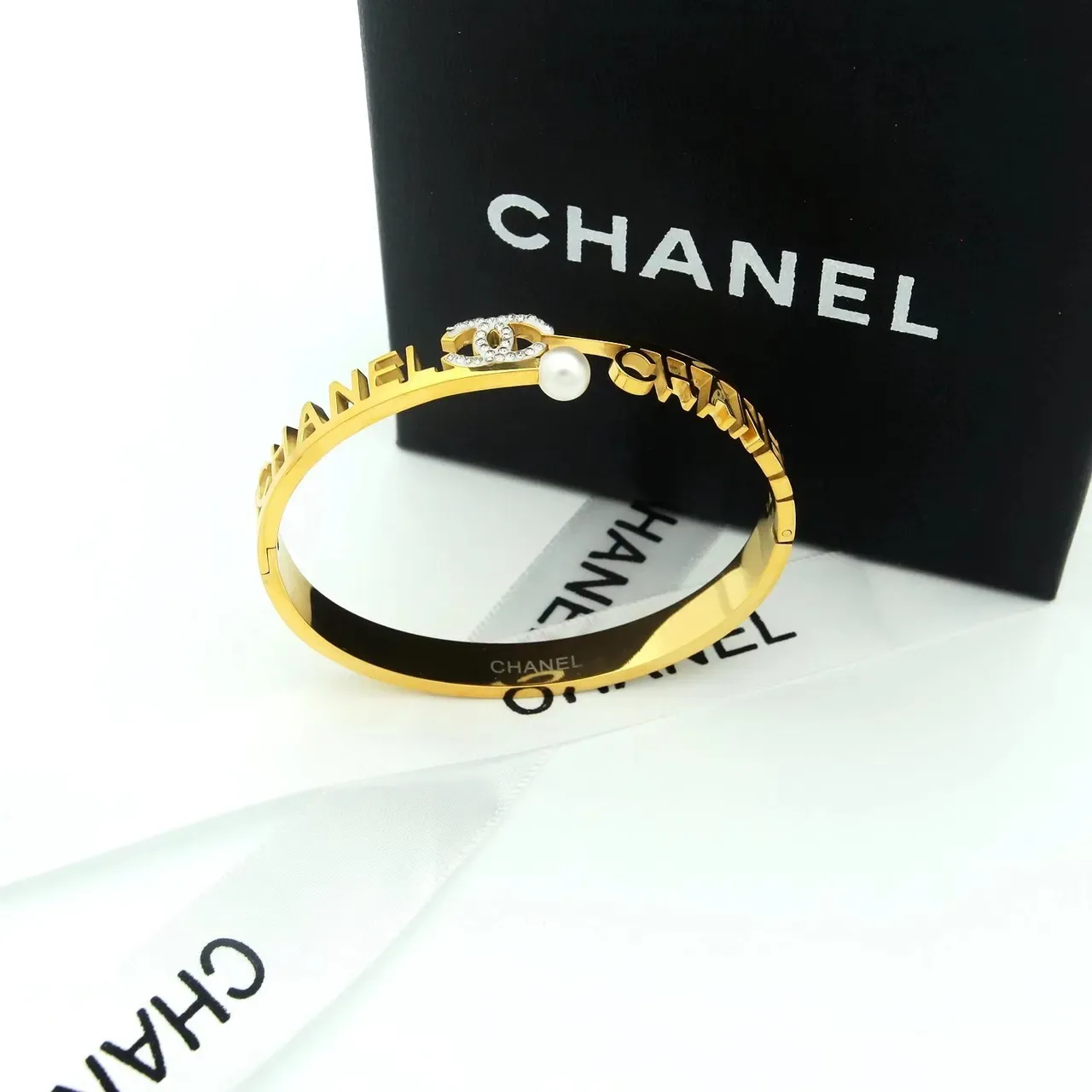 Chanel Logo Bangle Gold Silver Rigid Engraved Bracelet 4