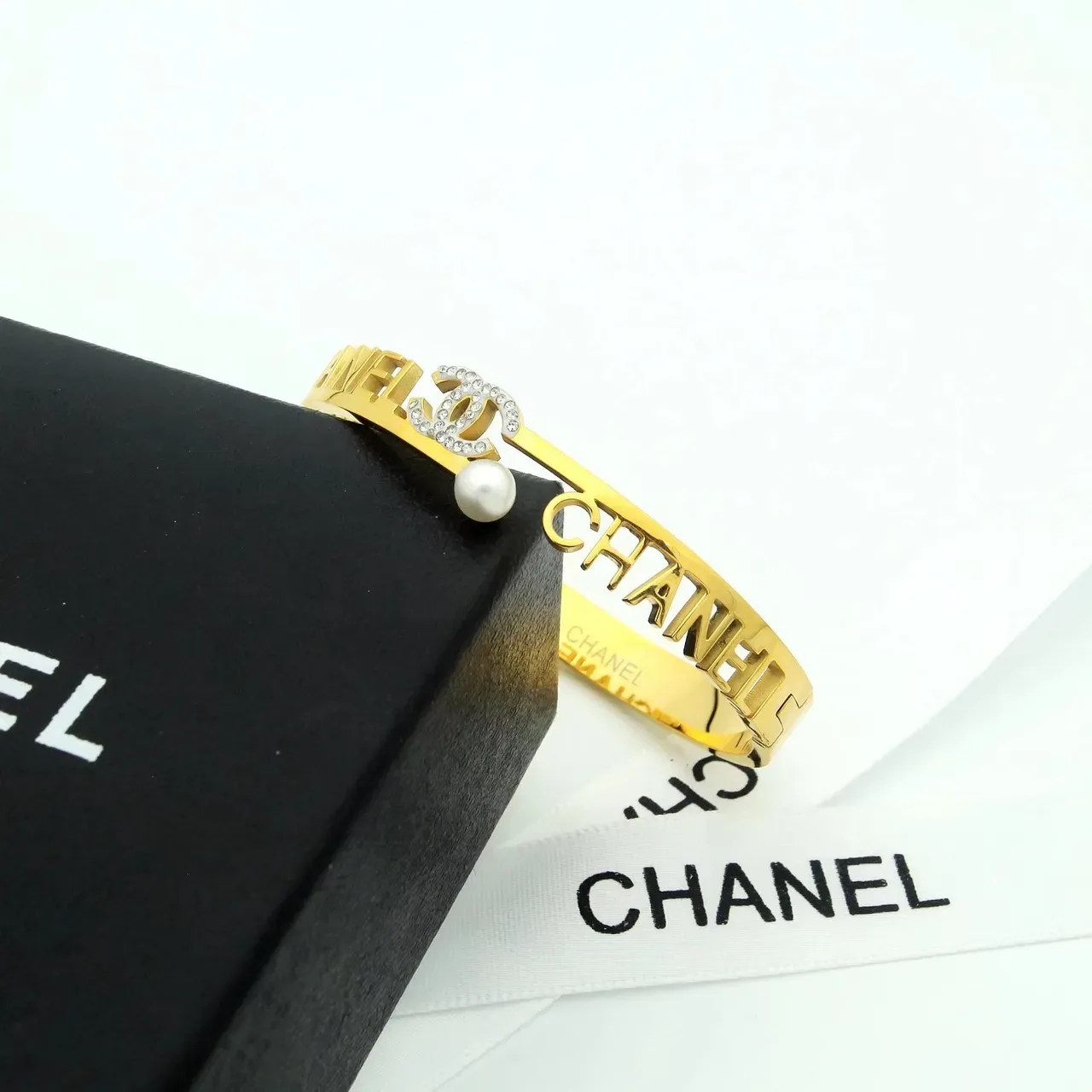 Chanel Logo Bangle Gold Silver Rigid Engraved Bracelet 5