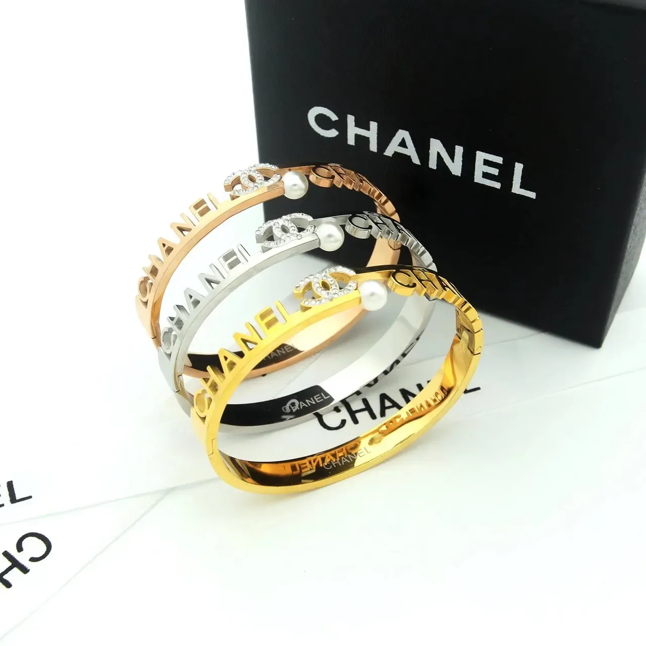 Chanel Logo Bangle Gold Silver Rigid Engraved Bracelet 8
