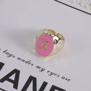 Chanel Logo 粉色搪瓷 金色 可调节 戒指