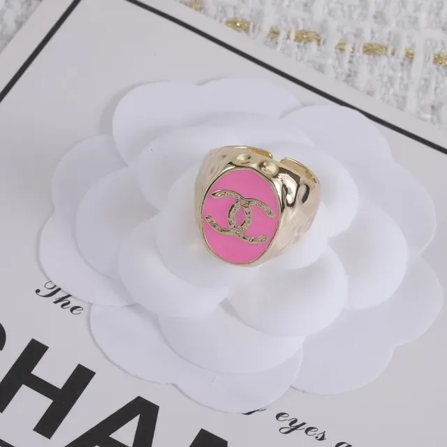 Chanel Logo Ring Pink Enamel Gold-Tone Adjustable Ring 3