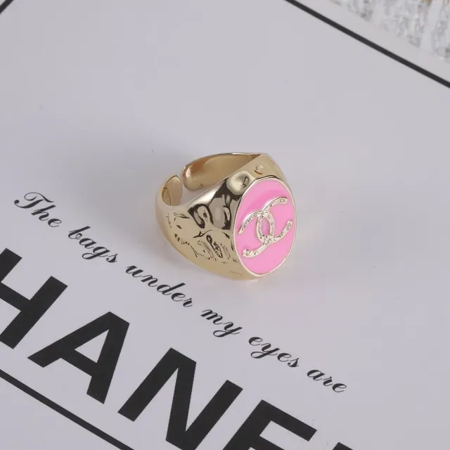 Chanel Logo Ring Pink Enamel Gold-Tone Adjustable Ring 5