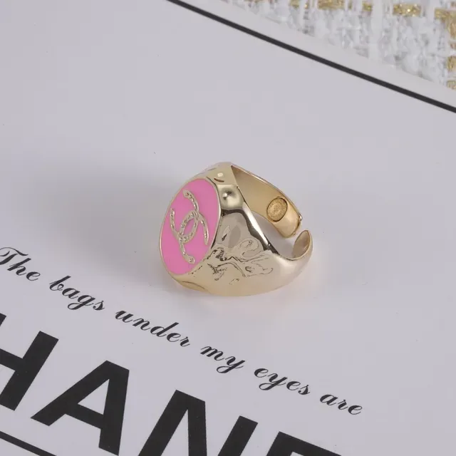 Chanel Logo Ring Pink Enamel Gold-Tone Adjustable Ring 6