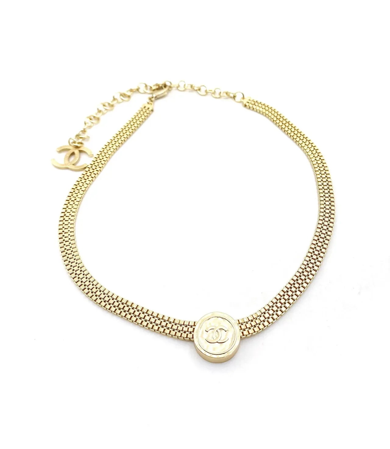 Chanel Medallion Pendant Gold-Tone Mesh Chain Necklace 6