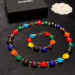 Chanel Multicolor Bead Multicolored Resin Beads Gold-Tone CC Logo Caps Necklace