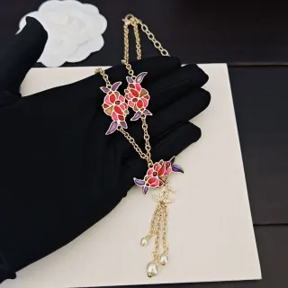 Chanel Multicolor Gold Enamel Floral Pendants Chain Necklace