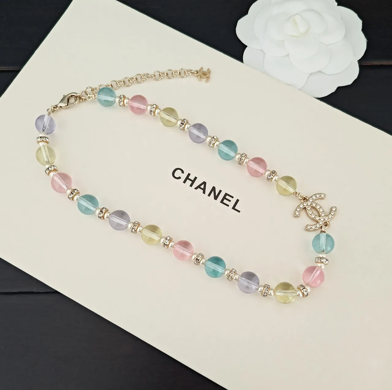 Chanel Multicolor Gold Translucent Glass Beads Pearl Spacers Necklace 5