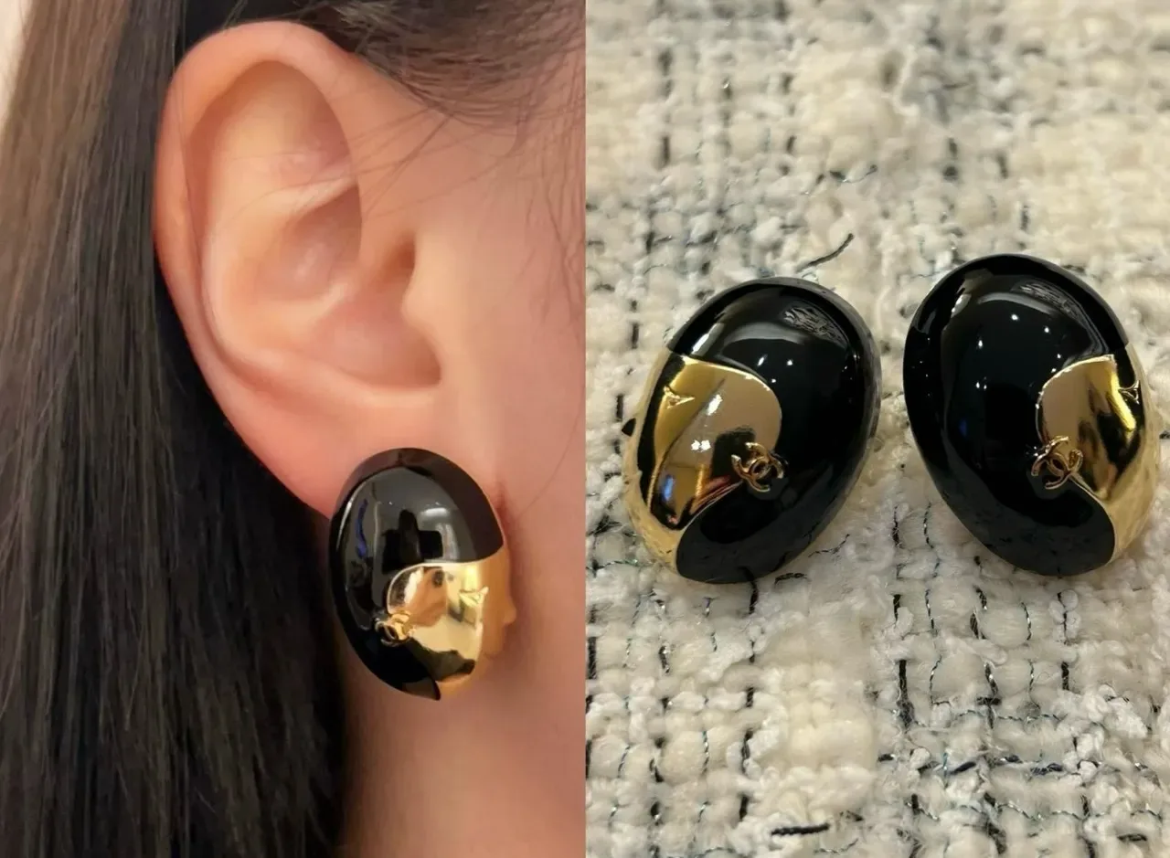 Chanel Oval Two-Tone Enamel and Gold-Tone CC Logo Earrings 2