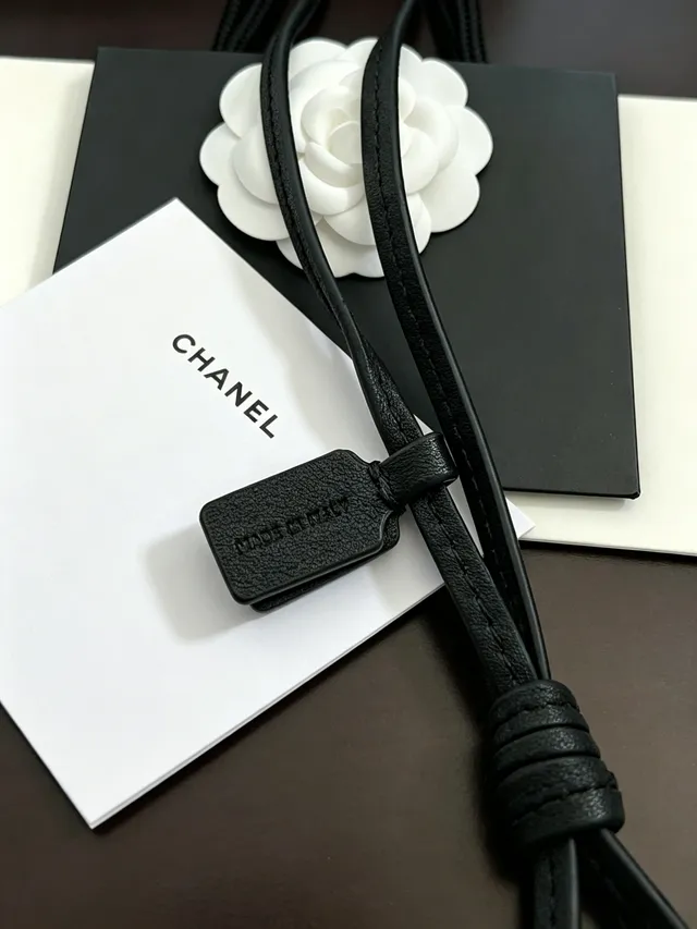 Chanel Peanut Charm Gold-Tone Black Leather Necklace 4