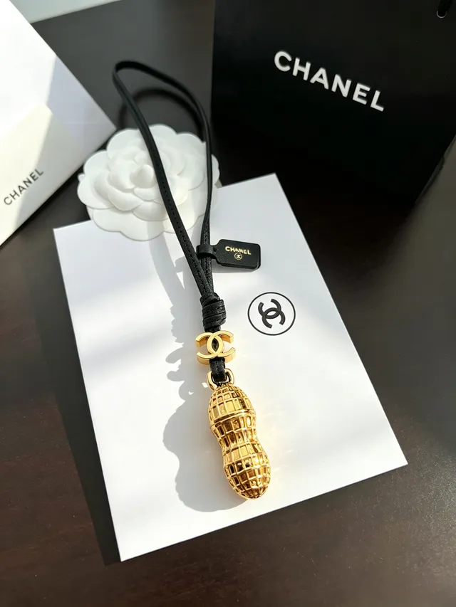 Chanel Peanut Charm Gold-Tone Black Leather Necklace 5