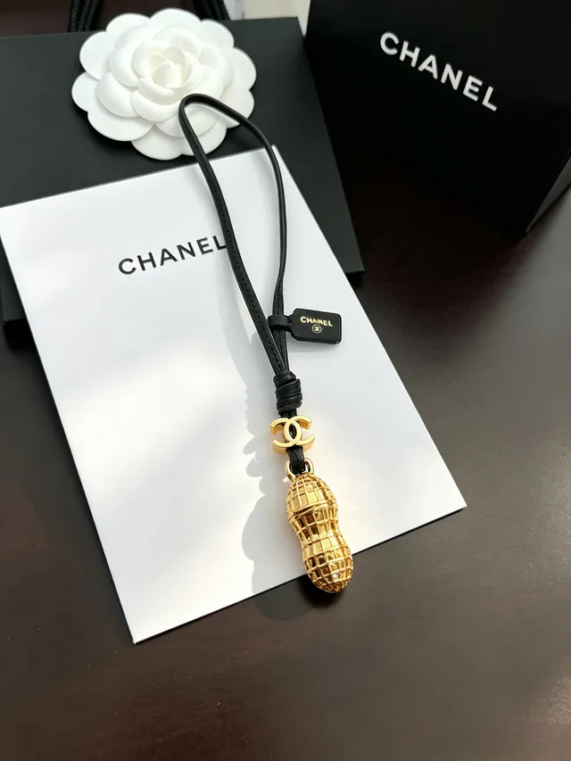 Chanel Peanut Charm Gold-Tone Black Leather Necklace 6