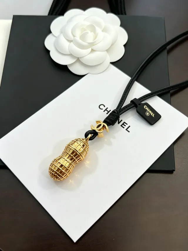 Chanel Peanut Charm Gold-Tone Black Leather Necklace 7