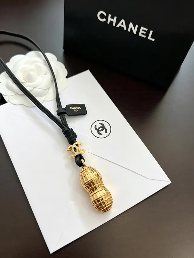 Chanel Peanut Charm Gold-Tone Black Leather Necklace 8