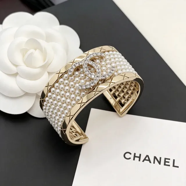 Chanel Pearl and Crystal Cuff Gold White Quilted Bracelet 4