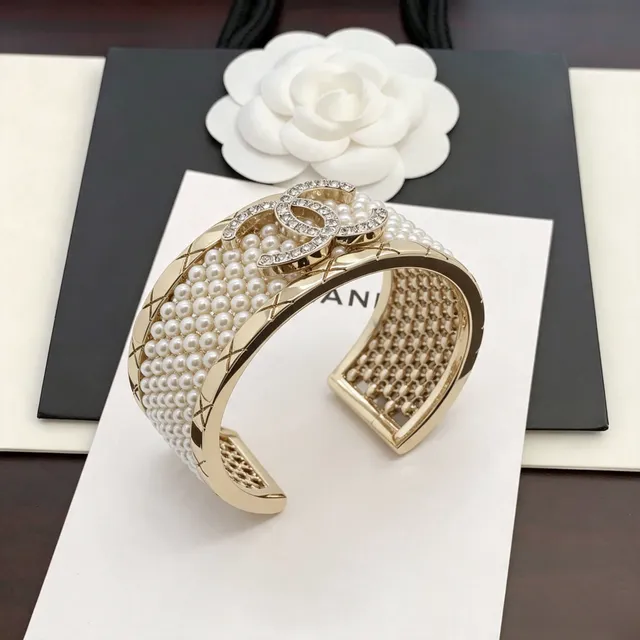 Chanel Pearl and Crystal Cuff Gold White Quilted Bracelet 6