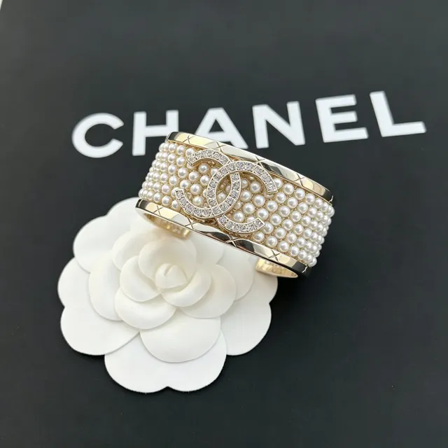 Chanel Pearl and Crystal Cuff Gold White Quilted Bracelet 7