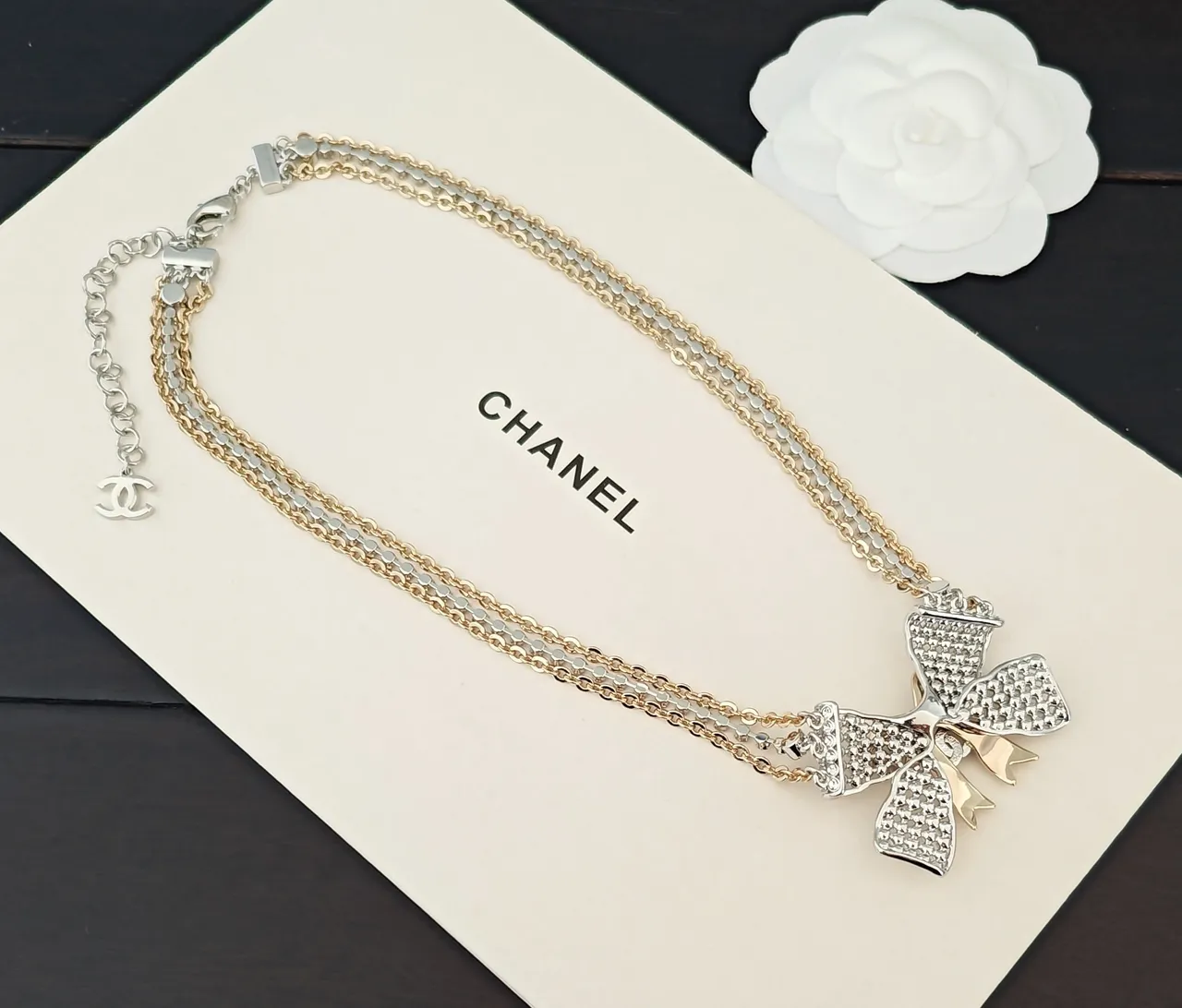 Chanel Ribbon Bow Pave Crystal Necklace 3